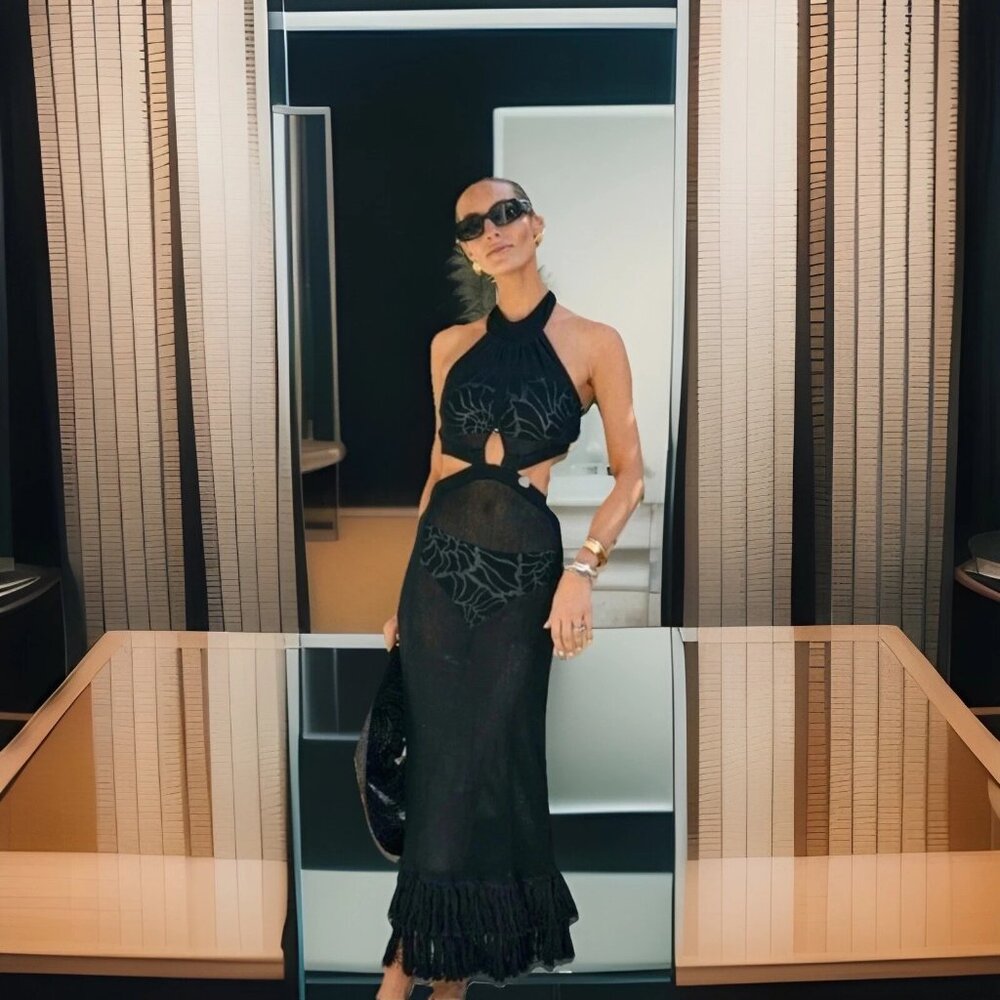 XL Antonio Melani Crochet Black Fringe Maxi Dress or Bathing Suit Cover Up, NWT.